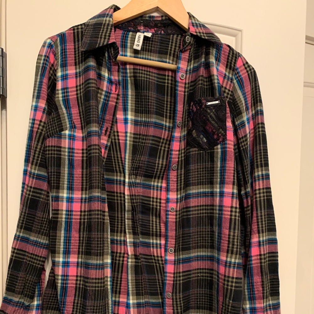 Purple and black plaid button down